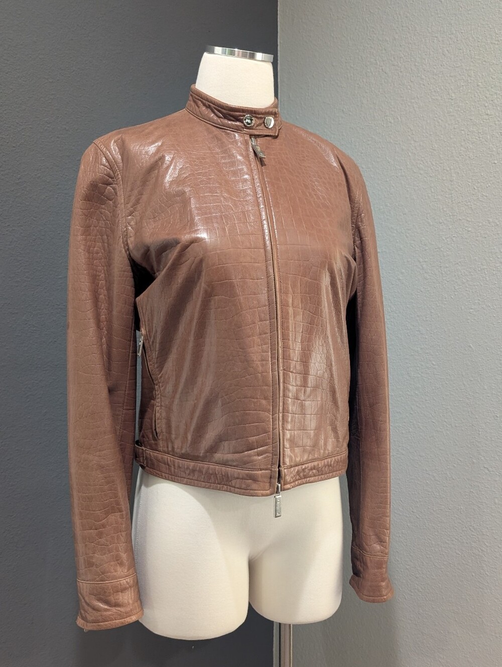 Vintage Ralph Lauren Chocolate Brown Crocodile Embossed Leather Jacket - Size 8